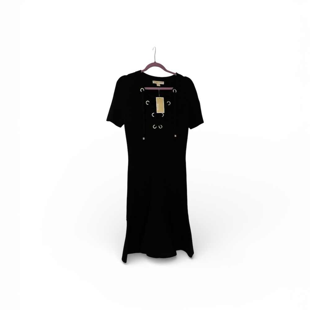 Michael Kors Black Lace-Up Short Sleeve Midi Dress
